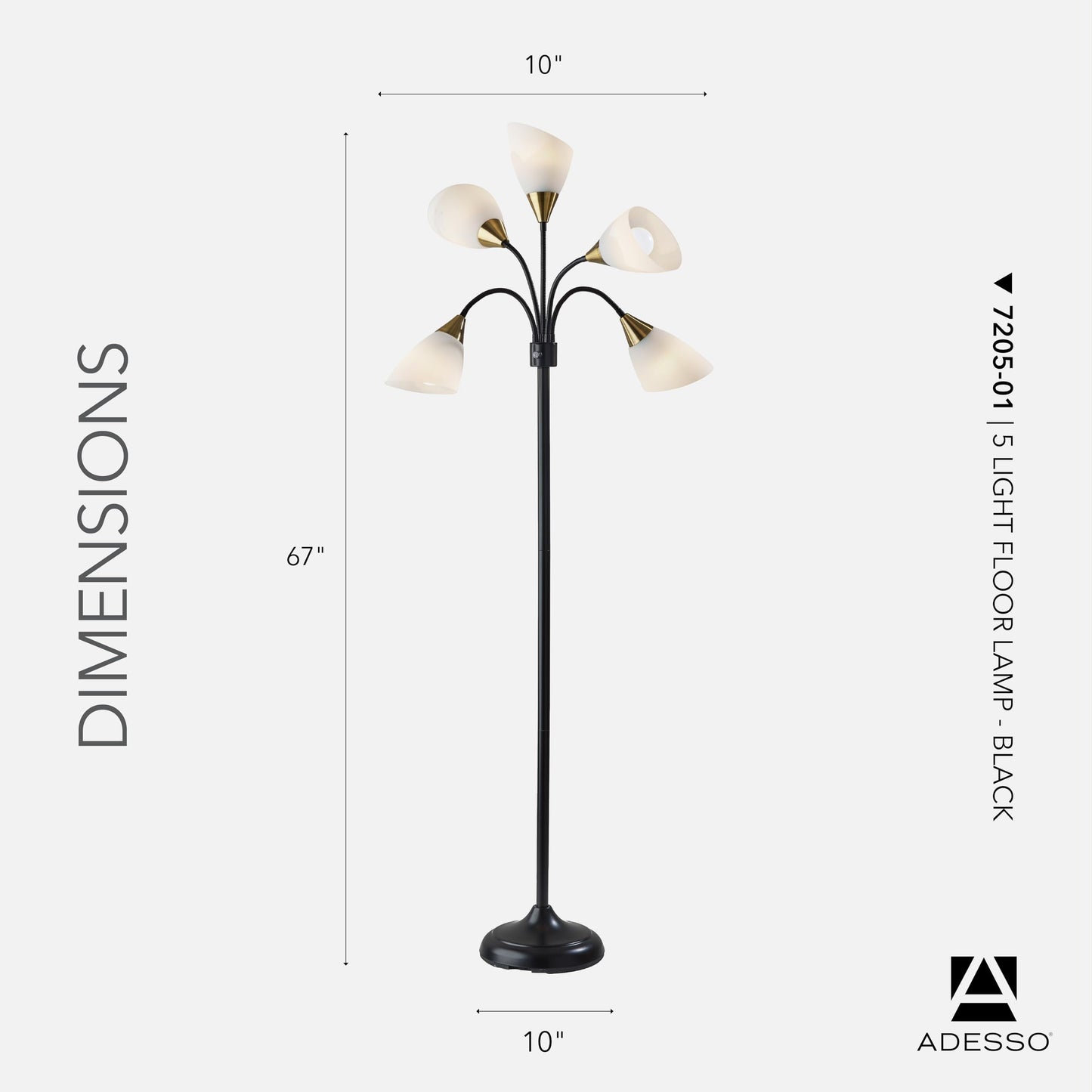 Adesso Floor Lamp with 5 Movable Shades & Adjustable Brightness – Perfect Lighting for Bedroom Decor, Beauty & Art Studio, Black