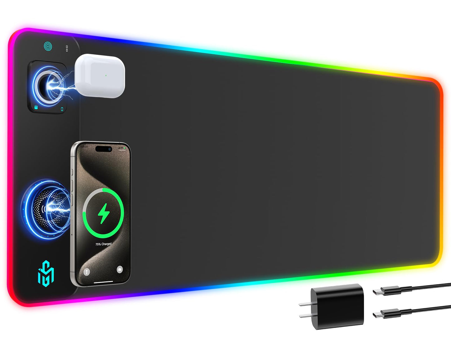 GIM RGB Gaming Mouse Pad with Simultaneous Charging for Phone & iWatch, LED Mouse Mat 800x300x4MM, 14 Light Modes, Non-Slip Rubber Base, Computer Keyboard Mat for Gaming, 20W PD Adapter Included