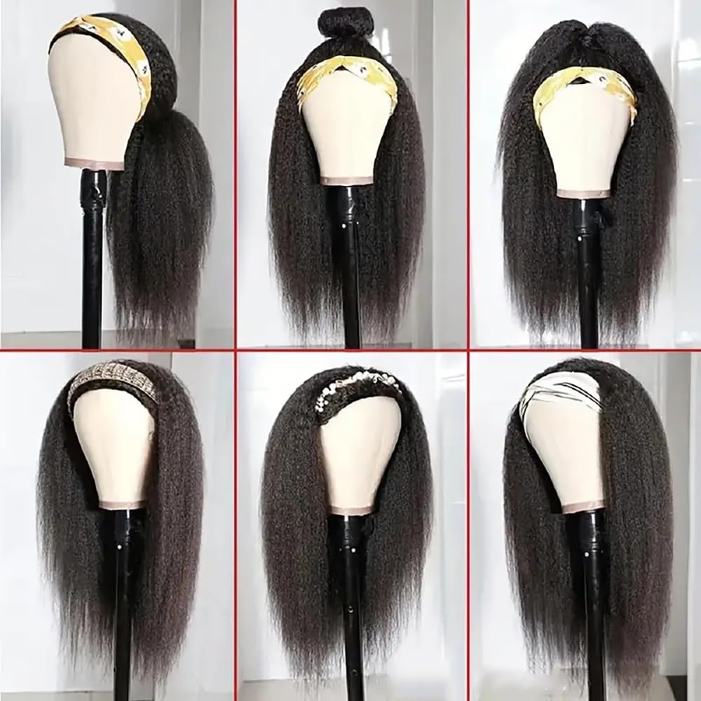 Kinky Straight Headband Wigs Human Hair For Black Women 12A 180 Density Yaki Straight Human Hair Headband Wig Half Wigs For Black Women Headband Human Hair Wig Natural Black 18 inch