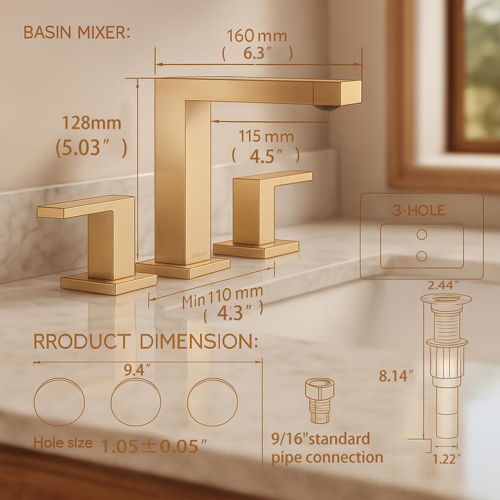 Indare Brushed Gold Bathroom Faucets， Vanity Faucets for Sink 3 Hole ，Two Handles Widespread 4 Inch 8 Inch Brass Bathroom Sink Faucet with Pop Up Drain and Cupc Lead-Free Hose