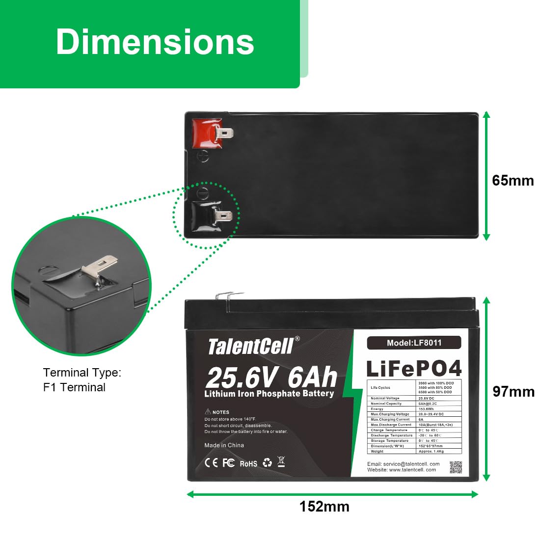 Talentcell 24V 6Ah LiFePO4 Battery Pack LF8011, 25.6V 153.6Wh Deep Cycle Rechargeable Lithium Iron Phosphate Batteries