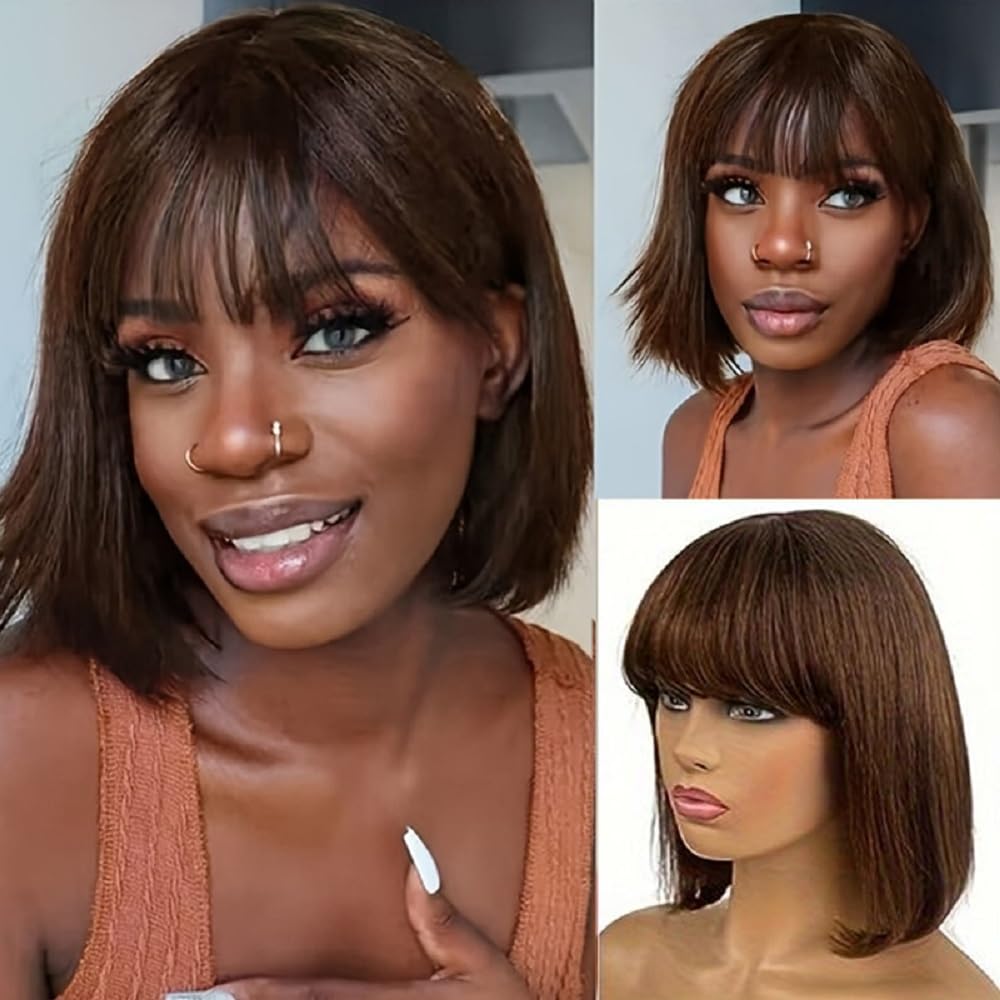 Rebasar Chocolate Brown Short Bob Wigs Human Hair Wear and Go Bob Wig With Bangs Human Hair Wigs for Black Women Human Hair Glueless Brazilian Straight Hair None Lace Front Wig Dark Brown 8 Inch