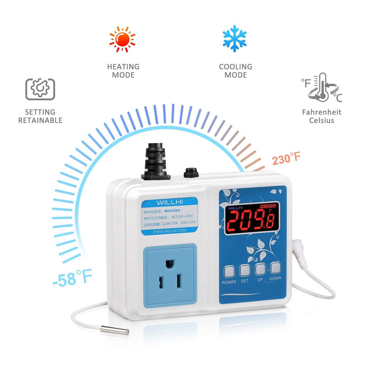 WILLHI WH1436A 10A Temperature Controller 110V Digital Thermostat Switch Sous Vide Controller NTC 10K Sensor Improved Version