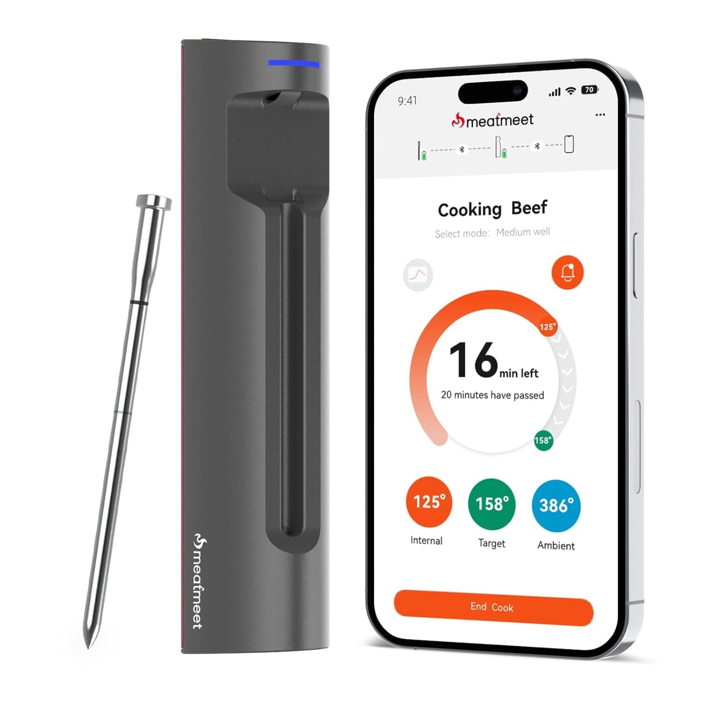 Meatmeet Wireless Bluetooth Meat Thermometer Digital, Smart AI Powered Cooking Thermomer with APP Control, IP69 Waterproof Meat Probe for BBQ, Oven, Grill, Smoker (S Pro)