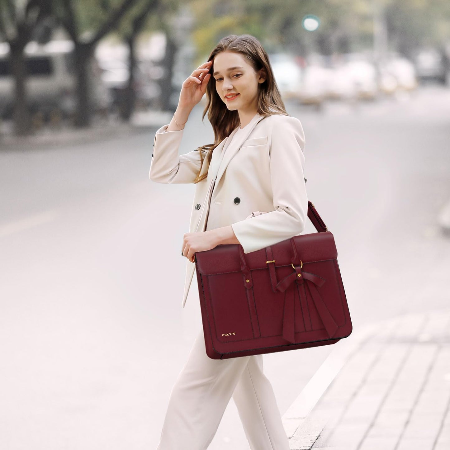 MOSISO Laptop Bag for Women, 15-15.6 inch PU Leather Laptop Shoulder Bag Convertible Backpack, 16 inch Messenger Bag Casual Handbag Work Briefcase Travel Computer Bag with Bowknot, Wine Red