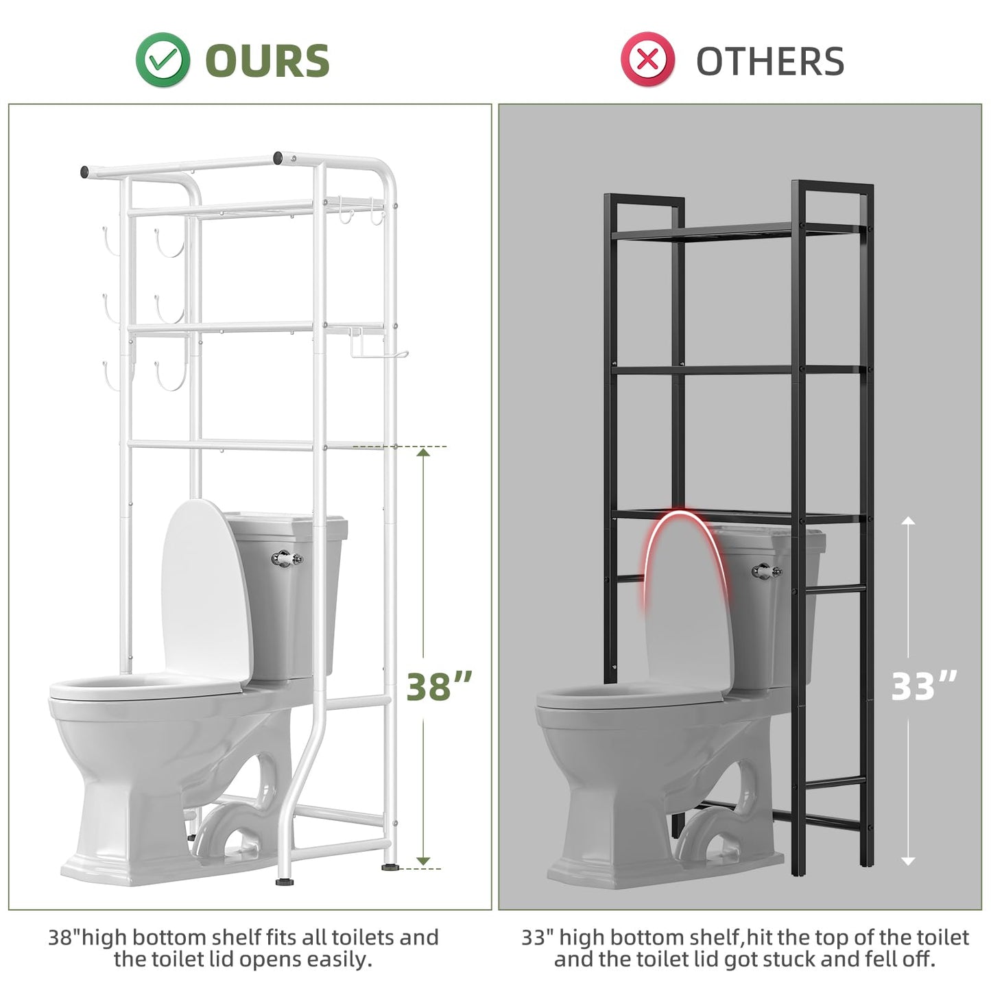 Simple Trending 3 Tier Over The Toilet Storage Rack, Metal Bathroom Shelf, Bathroom Stand Organizer Space Saver with Paper Holder and Hooks, White