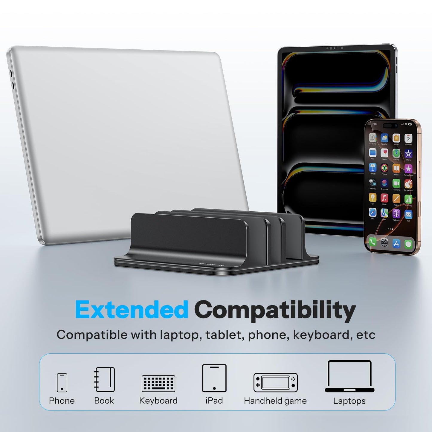 OMOTON Vertical Laptop Stand [Updated 3-Slots Version], Desktop Aluminum Mac Book Stand with Adjustable Dock Size, Fits All Mac Book, Surface, Chrome Book and Gaming Laptops (Up to 17.3 inch), Black