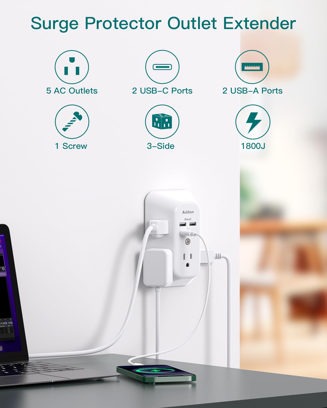 Outlet Extender Surge Protector - Addtam 5-Outlet Splitter with 4 USB Wall Charger(PD 30W), Multi Plug Wall Outlet Power Strip for Home, Dorm Room Essentials