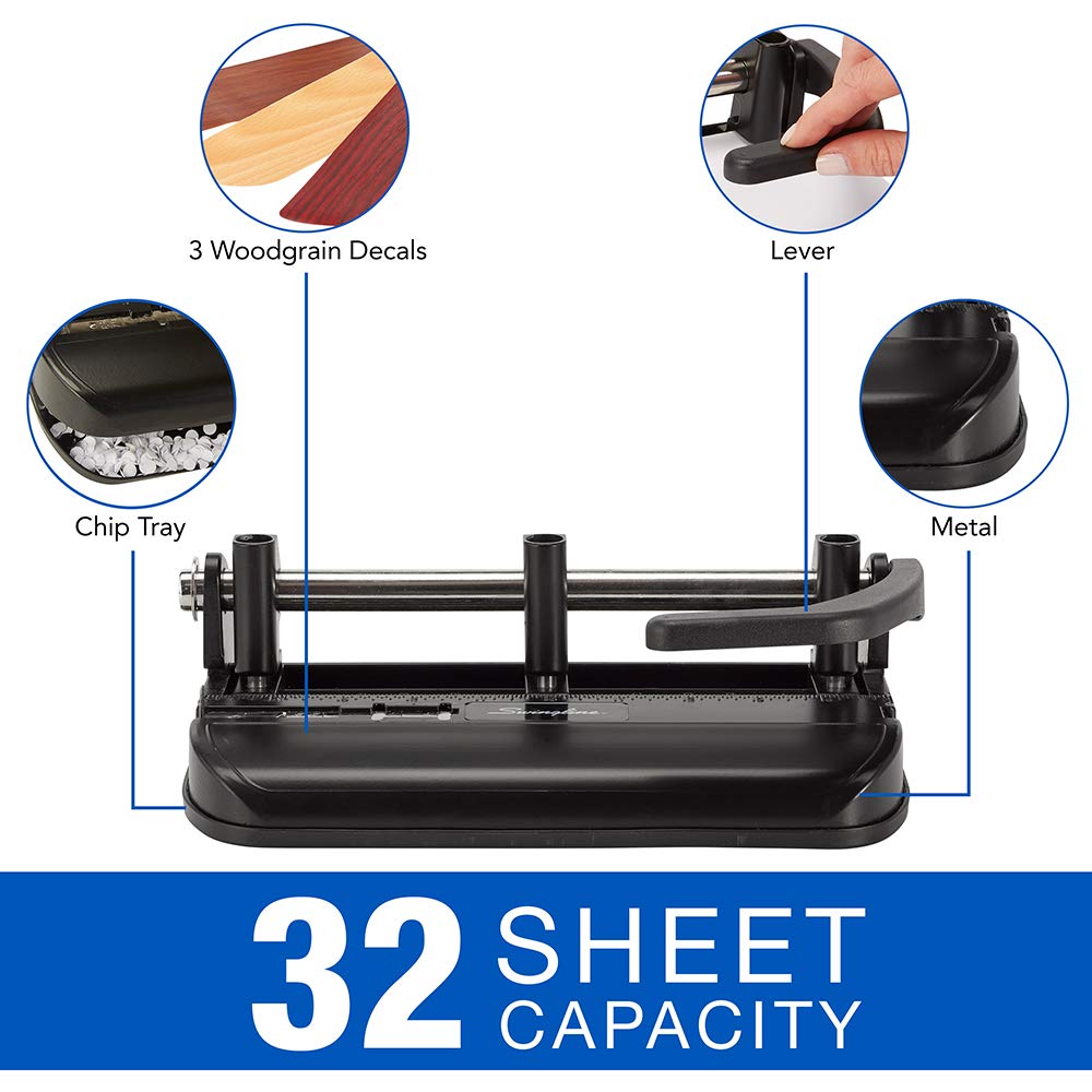 Swingline 3 Hole Punch Heavy Duty, 32 Sheet Capacity Three Hole Puncher 3 Ring, Adjustable 2-7 Hole Paper Punch, Black & Silver (74350)
