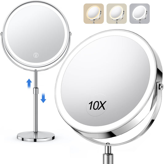 10x Large Lighted Makeup Mirror, Rechargeable 8" Height Adjustable Vanity Mirror, 1x/10x Magnifying Mirror with 3 Color, 360° Rotation Double Sided Mirror, One Week Use Per Charge, Gift for Women