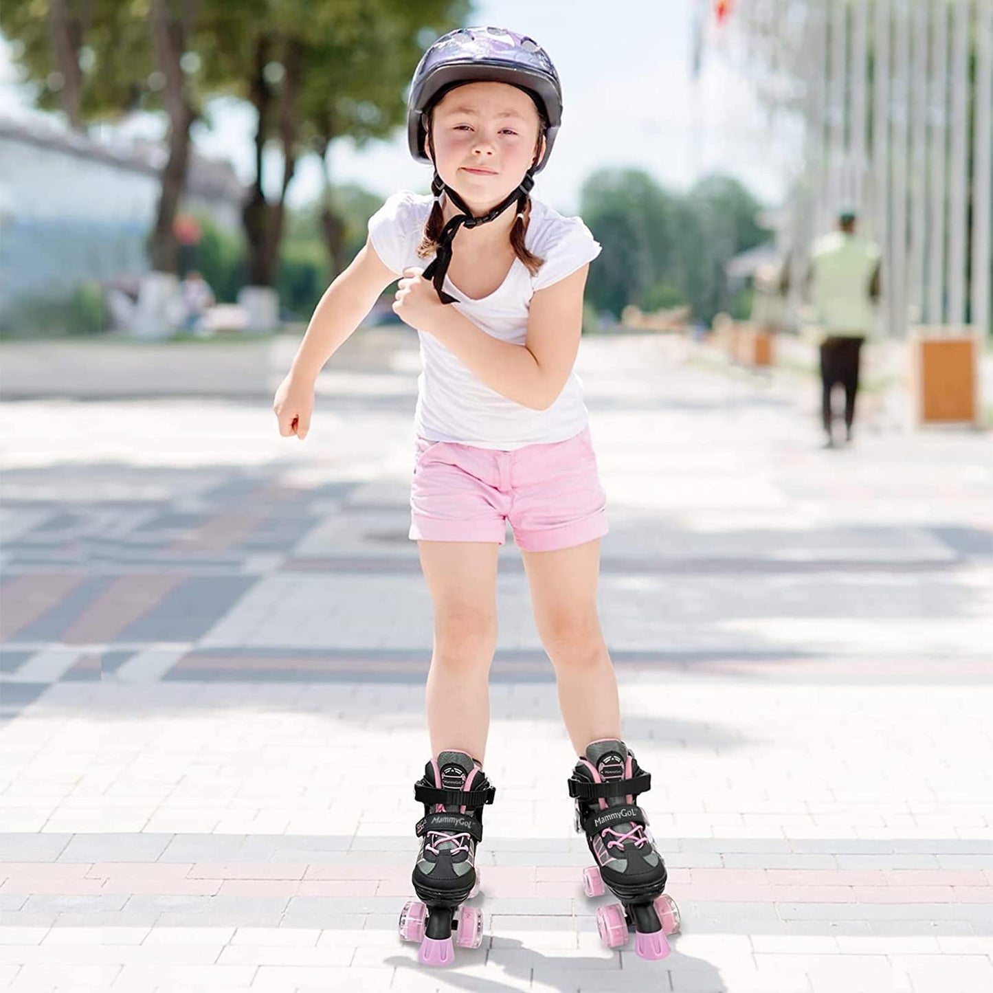 MammyGol Roller Skates for Kids Boys Girls, Adjustable Quad Skates with Light Up Wheels for Toddler Little Kids Ages 6-12 Size 13C 1 2, Beginners Outdoor Sports, Pink