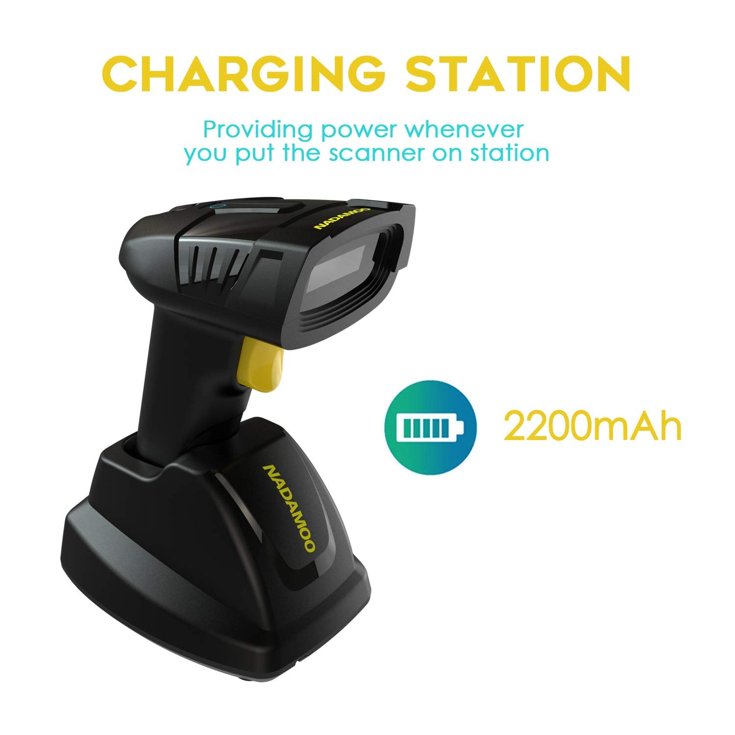 NADAMOO Wireless Barcode Scanner with Charging Cradle, Read 1D, 2D, QR Code, Data Matrix, PDF417, 400m Transmission Distance, 2200mAh Rechargeable Battery, Cordless CMOS Image Reader for Computer