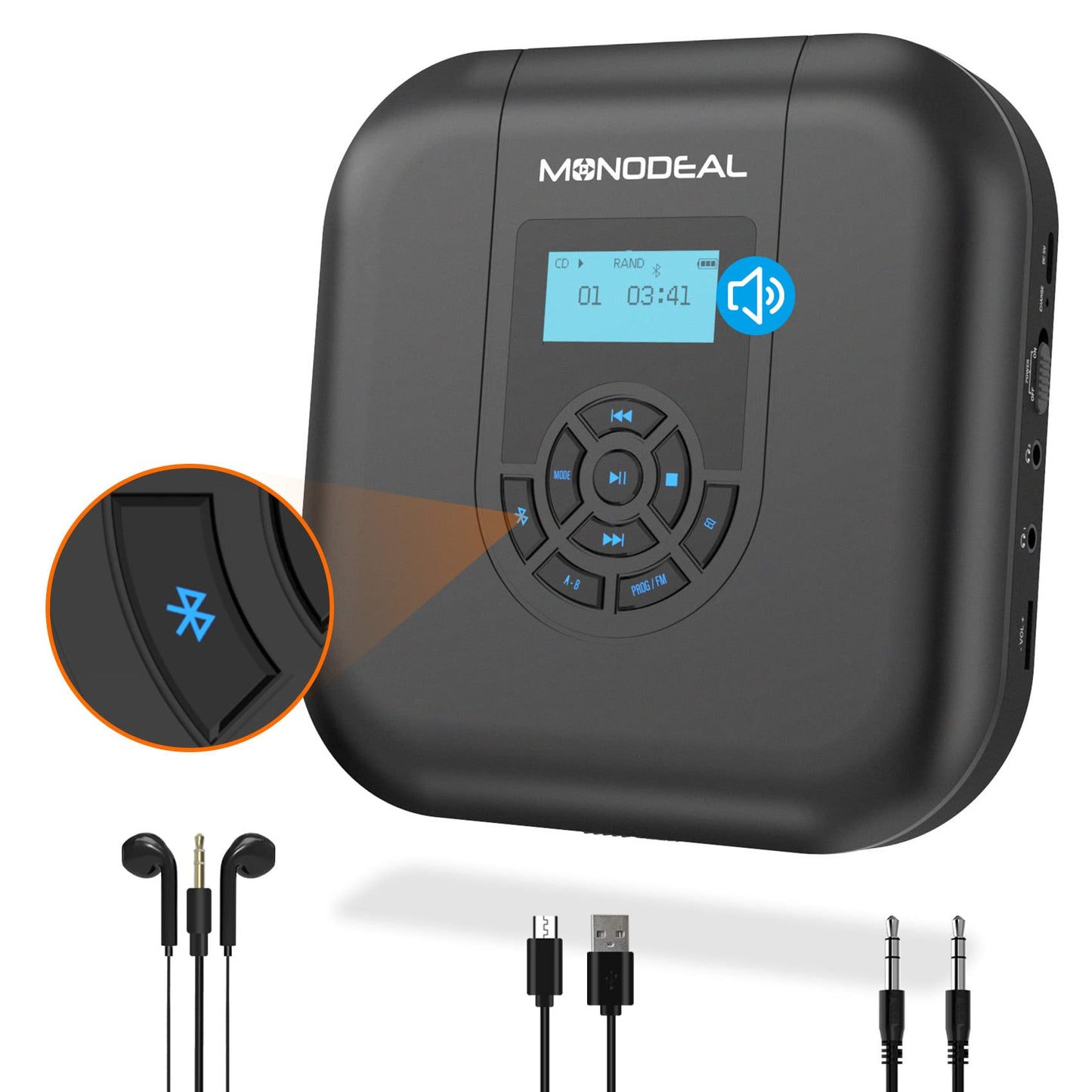 CD Player Portable, MONODEAL Bluetooth CD Player with Speakers and FM Transmitter, Rechargeable 1800mAh CD Player for Car and Home with LED Screen
