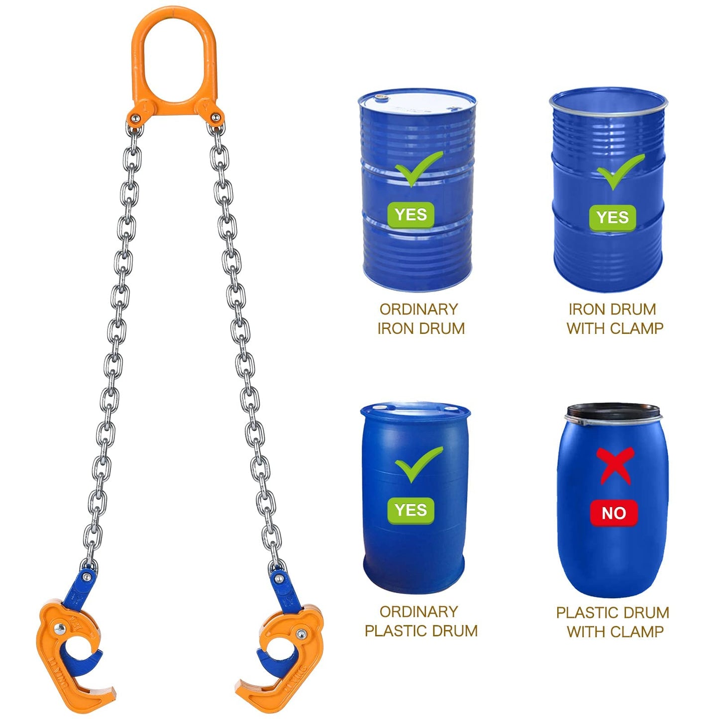 WowDIY 55 Gallon Drum Lift - Chain Drum Lifter - 2000 lbs Capacity - Upgraded Carbon Steel Hook with Built-in Spring Suitable for Plastic and Metal Drums - This Product is Protected by a US Patent.