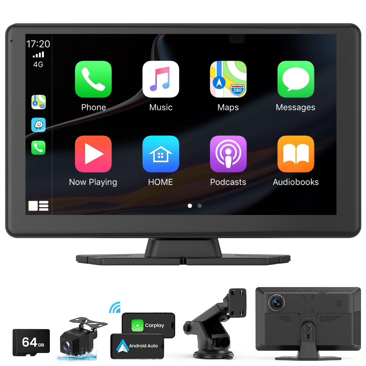 VyKure Portable Carplay Screen for Car 5K Dash Cam, 9" Wireless CarPlay & Android Auto Car Audio Receivers with 1080p Backup Camera, Bluetooth/GPS Navigation/Voice Control/Mirror Link (Black)