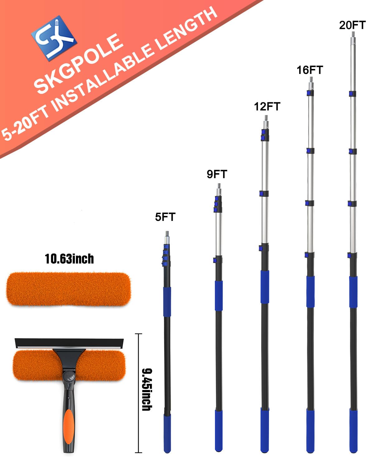 SKGPOLE 26FT Reach Window Squeegee for Window Cleaning Kit with 5-20 Foot Telescoping Extension Pole, 2 in 1 Window Squeegee, Cobweb Duster, Dust Kit Window Washing Kit for Car, Shower Glass Door