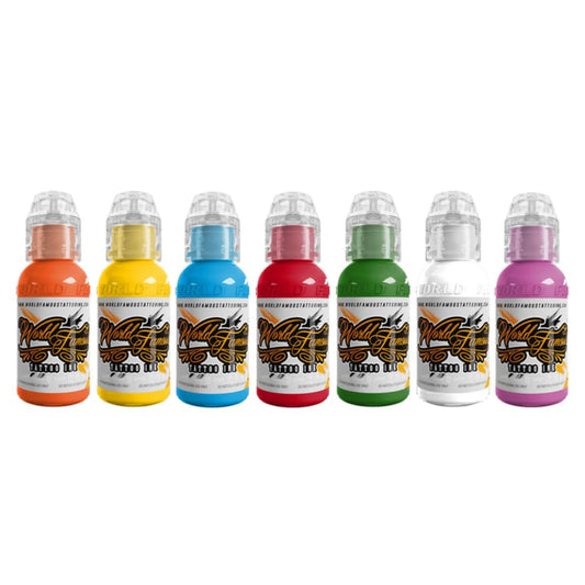 World Famous Tattoo Ink 7 Color Simple Set - Vegan, Color Tattoo Ink Set - Compact Bottles Safe for Convention Travel - Made in America - Professional Midtone Shades (7 Pieces, 0.5 oz Each)