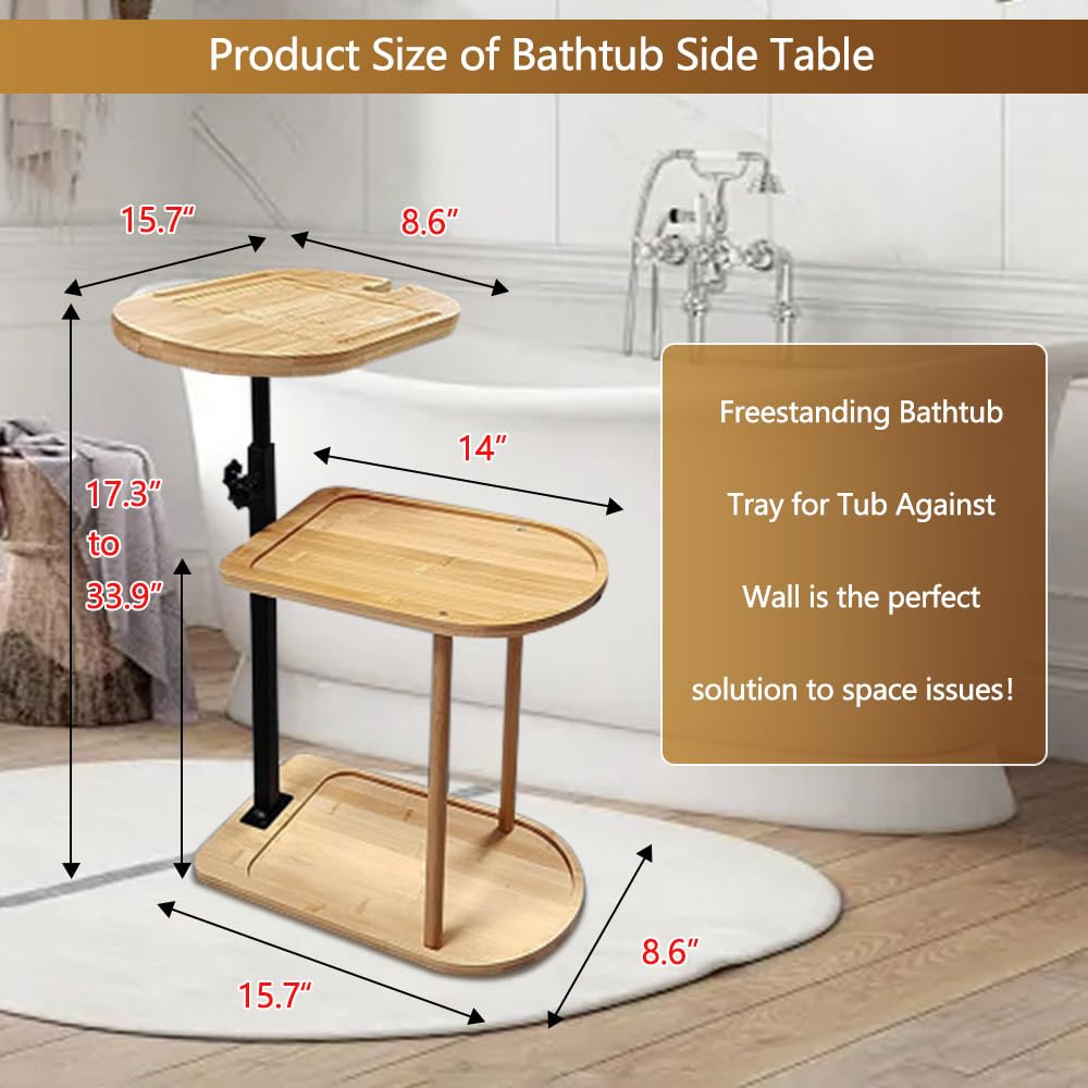 BeGyoku 3 Layer Bathtub Tray Table,Bamboo Swivel Bathtub Side Table Height Adjustable,Freestanding Bathtub Tray for Tub Against Wall,Bathtub Accessories&Bathroom Organizer for Luxury Home Spa-Natural