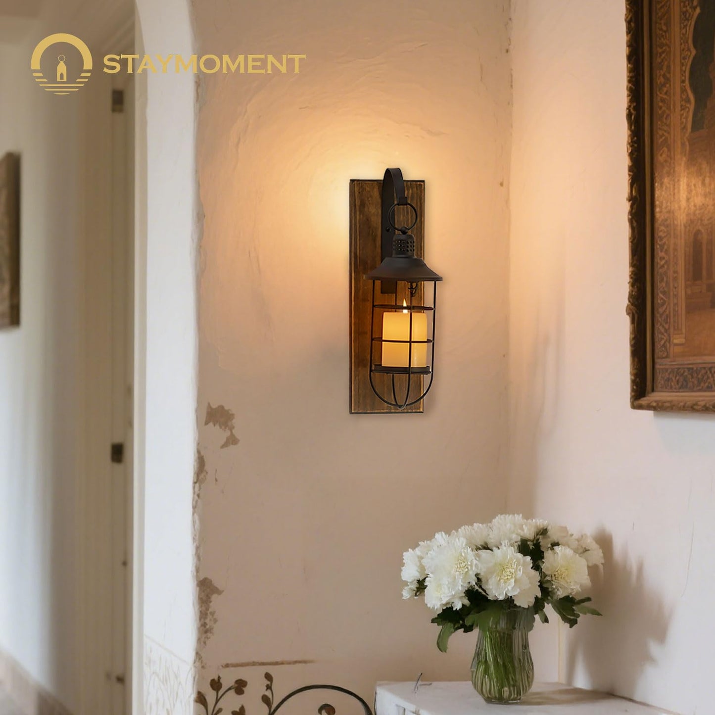 Staymoment Wall Sconces Candle Holder: Set of 2 Farmhouse Wall Lantern Decor Wood Brown Decorations Indoor for Living Room Front Door Porch