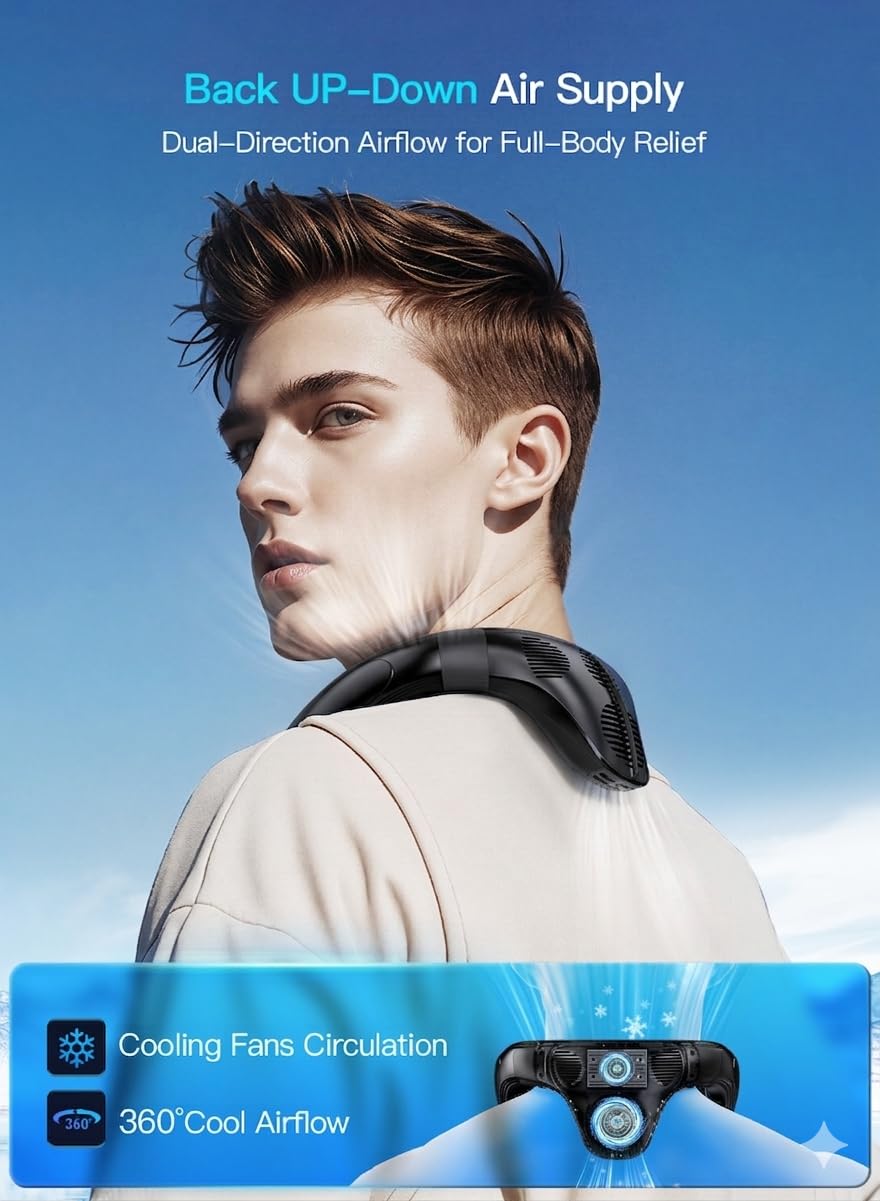 Staholz Neck Air Conditioner Portable, Neck Fan with Large Cooling Plate & NTC Control, 360° Upward & Downward Back Airflow, 6000mAh Bladeless Wearable Fan for Outdoor, Travel, Office, Golf