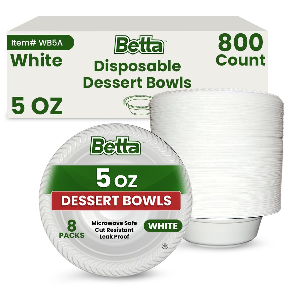 Betta 5 Oz Disposable Plastic Small Dessert Bowls, White, 800 Count, Bulk Case for Schools, Breakrooms and Cafeteria, Microwave Safe (8 Pack Per Box x100)