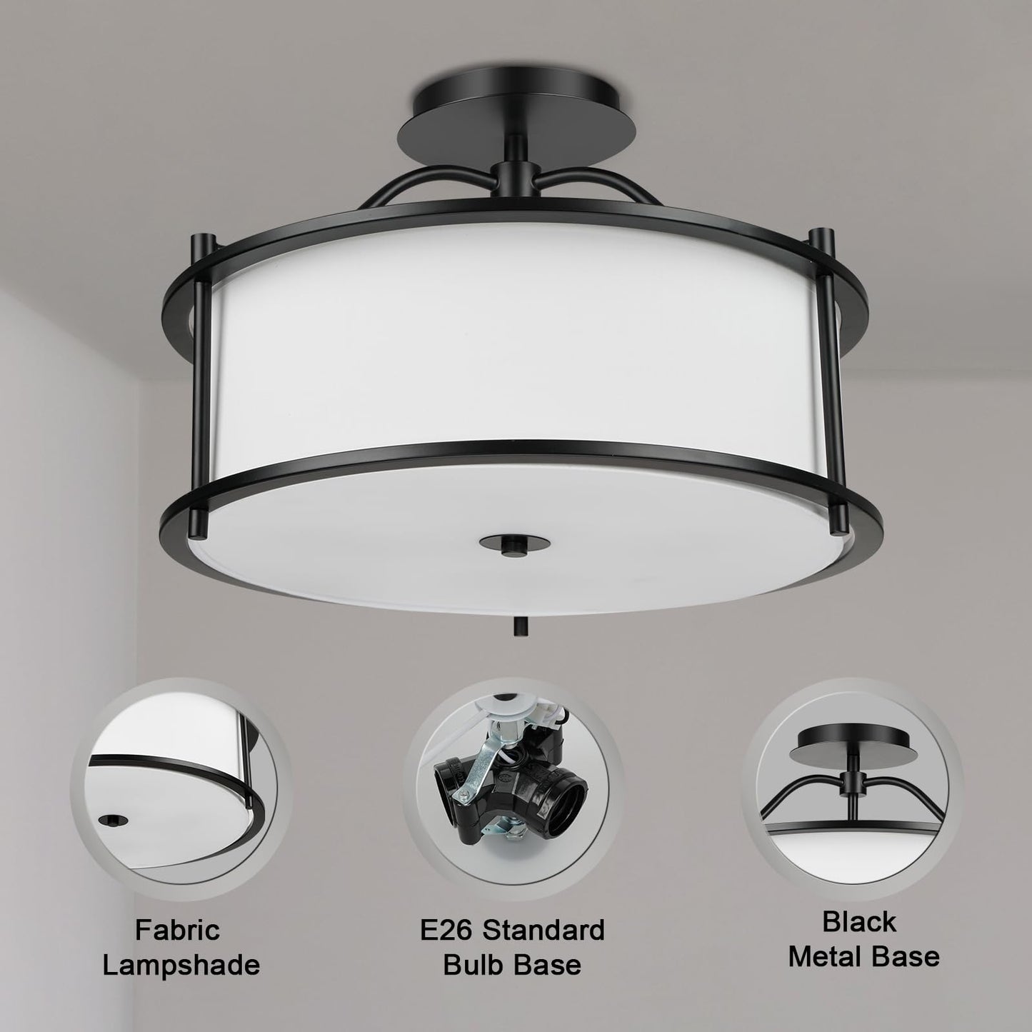 FRIDEKO HOME Semi Flush Mount Ceiling Light - 15.7 Inch Fixture with Metal Frame Fabric Shade for Living Room, Bedroom, Kitchen, Dining Room, Entryway, Hallway
