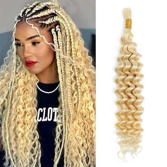 613 Blonde Human Braiding Hair 18 Inch 50g 1 Bundles Deep Wave Bulk Human Hair for Braiding Curly Human Hair for Boho Braids Water Wet and Wavy Curls Micro Extensions
