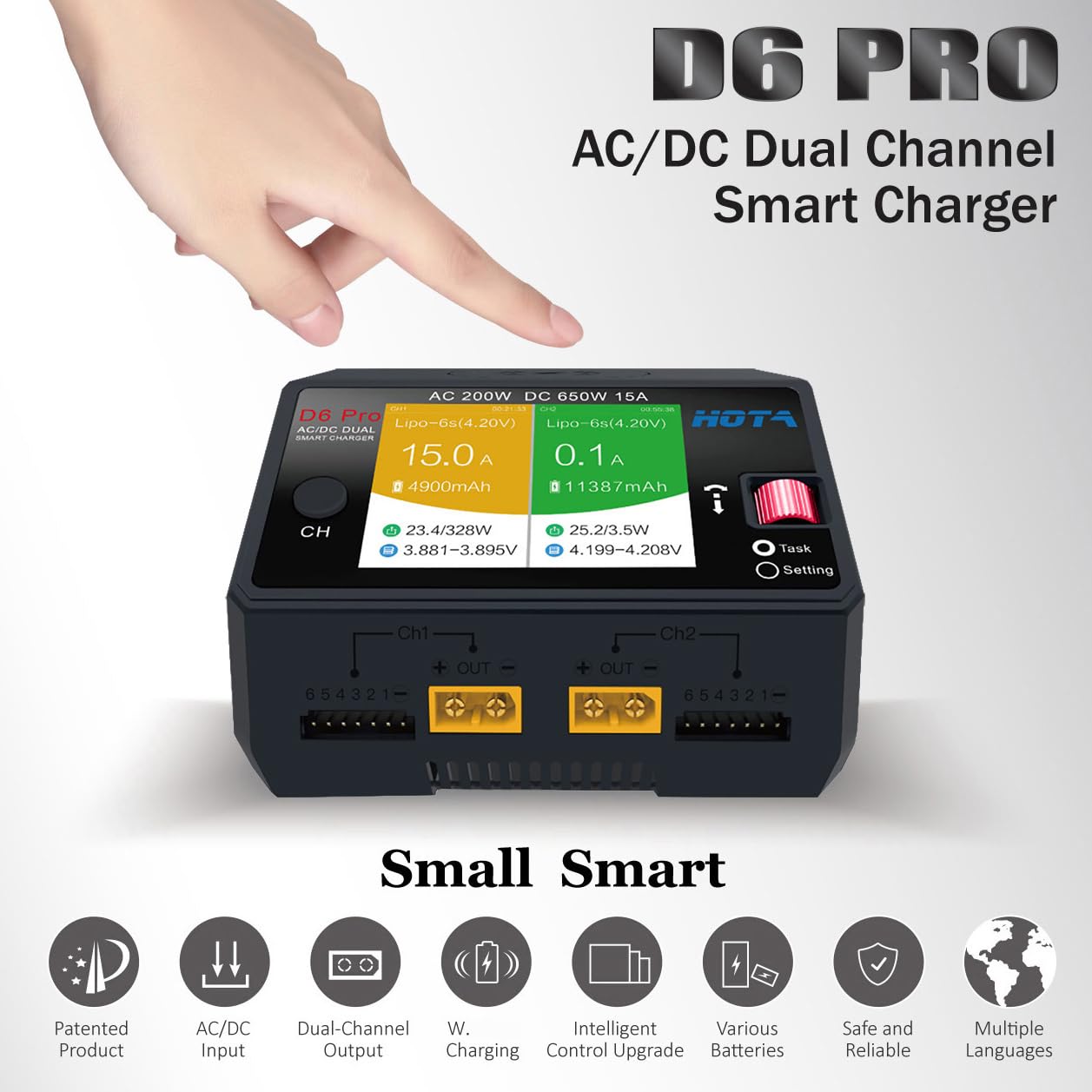 Alaohu HOTA D6 Pro Lipo Battery Charger AC/DC Dual Channel Smart Charger AC200W / DC650W (325W*2) 15A Balance Charger for RC Lipo LiHv Nicd NiMH Battery Charging RC Car RC Boat FPV Race Drone Parts