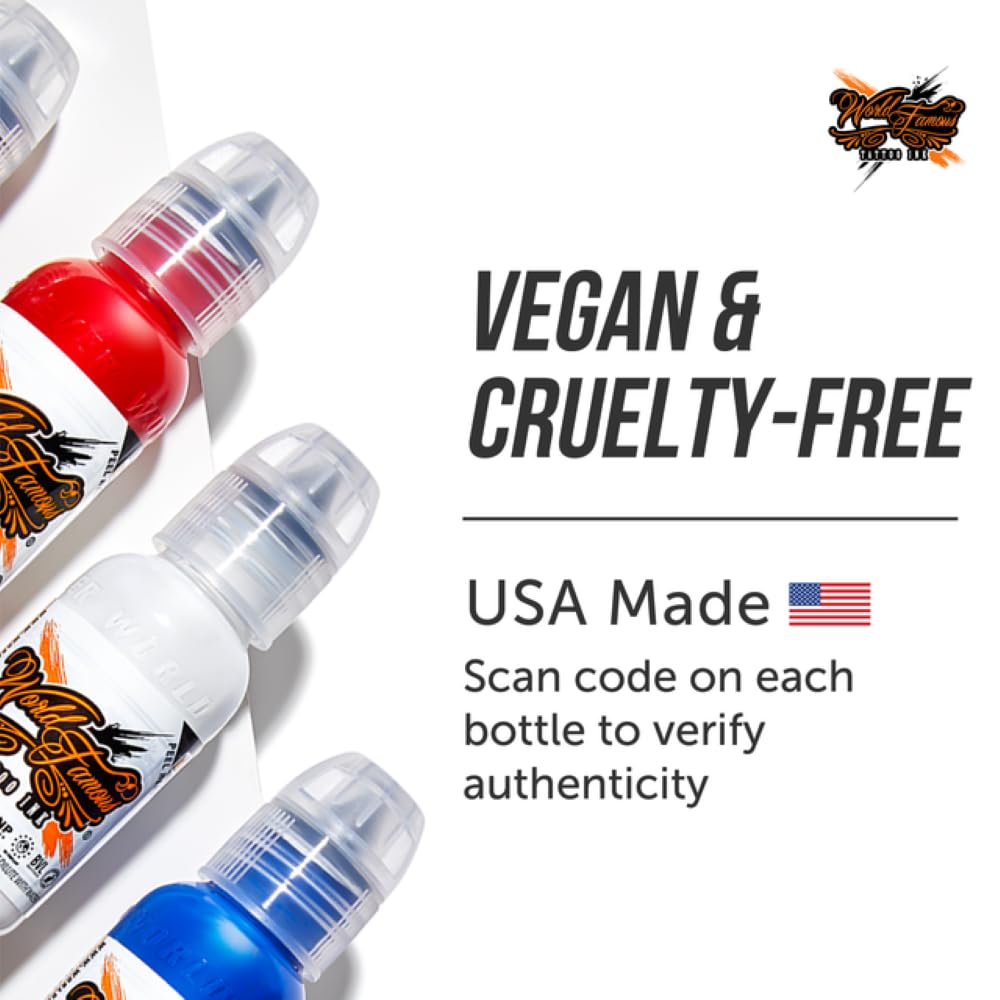 World Famous Tattoo Ink 7 Color Simple Set - Vegan, Color Tattoo Ink Set - Compact Bottles Safe for Convention Travel - Made in America - Professional Midtone Shades (7 Pieces, 0.5 oz Each)