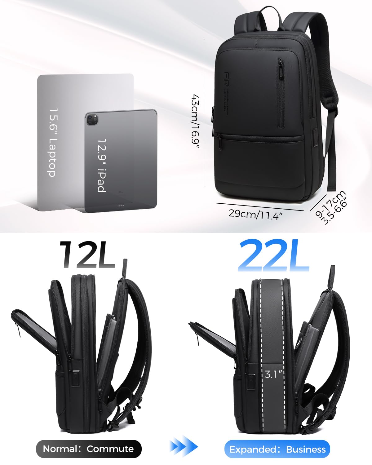 Fenree.geer Work Backpack for Men, Expandable Backpack with USB C Charging Port, Water Resistant 15.6 Inch Laptop Backpack, Black