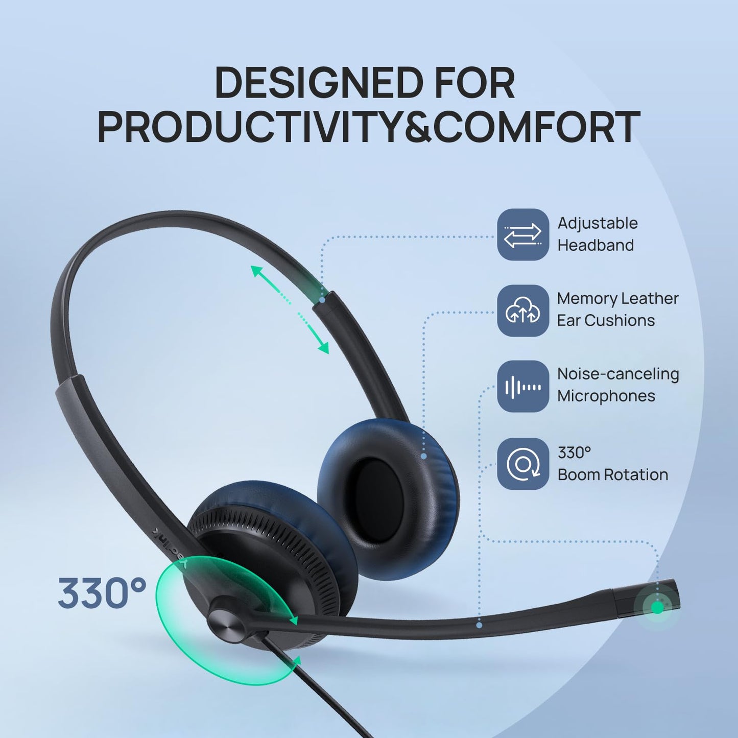 Yealink Phone Headsets for Office Phones YHS34 QD to RJ9 Wired Headset Compatible with Poly Snom Phones Desk Landline Headset with Microphone -Dual/129g/2.1m Cable