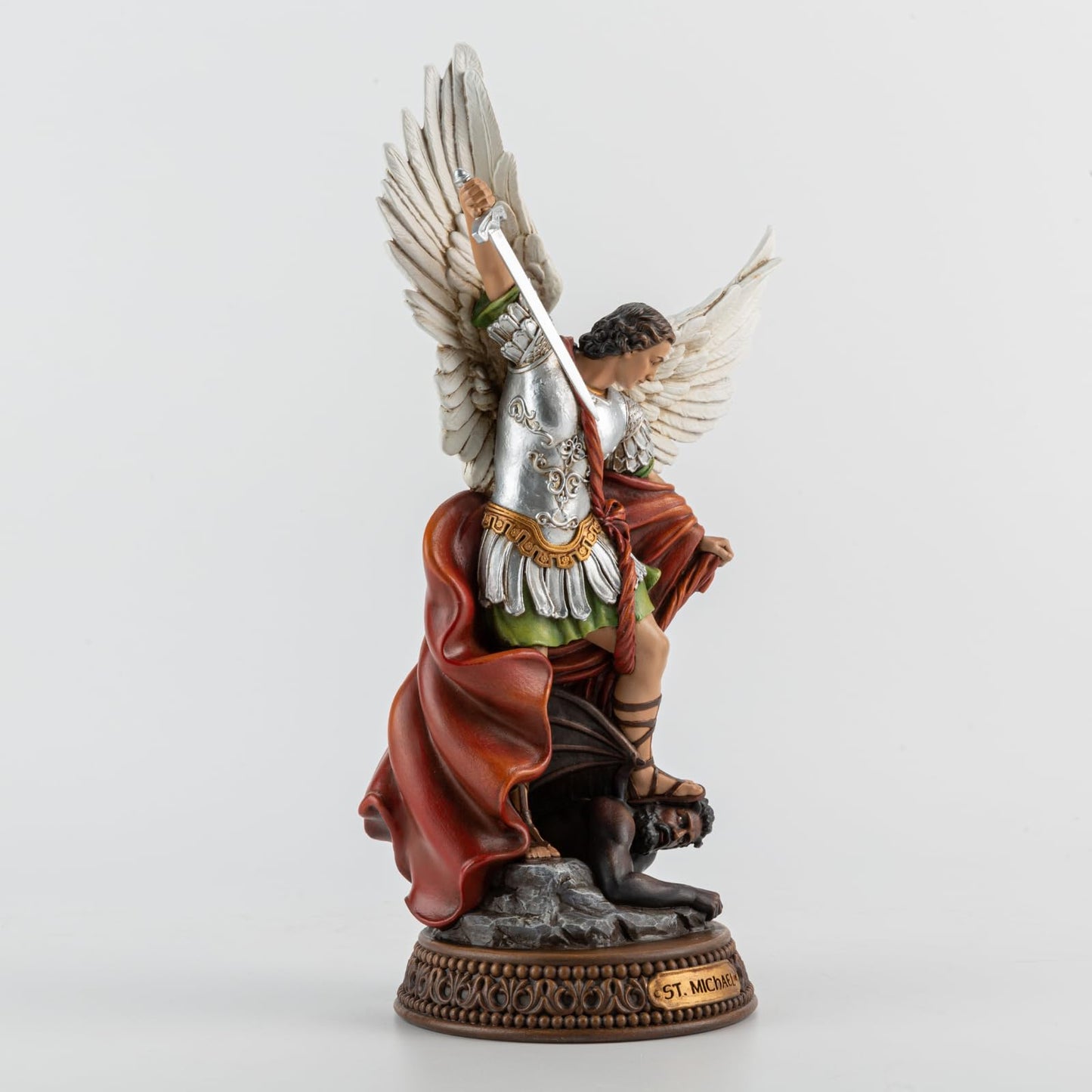 DevotedWalls St Michael The Archangel Painted in Full Color,12" H San Miguel The Great Protector Archangel Statue with Wings,St. Archangel Michael Defecting with Satan on Base with Name Plate