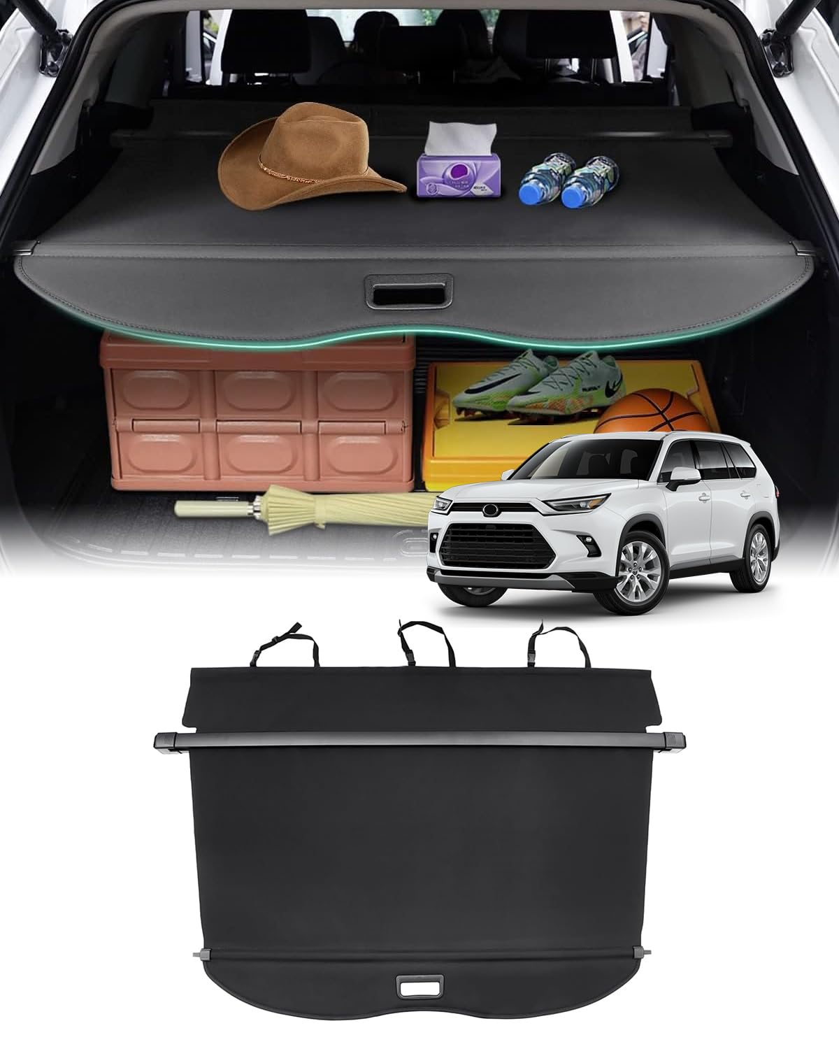 Powerty Cargo Cover for 2020-2025 2026 Toyota Highlander, Carbon Fiber Texture Trunk Cover Retractable Rear Trunk Cargo Luggage Cover Security Shield Shade for Toyota Highlander Accessories