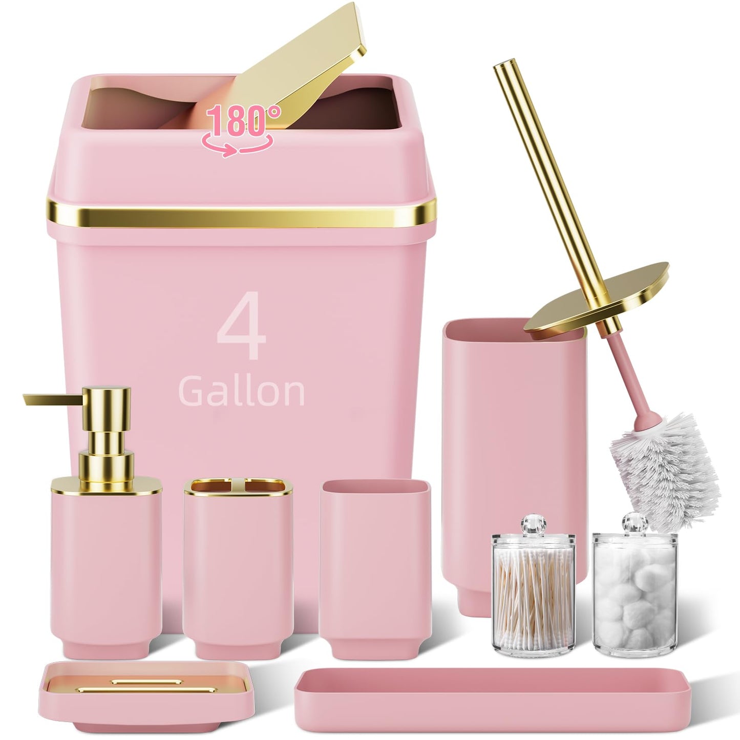 9PCS Bathroom Accessory Set, Pink Bathroom Set with Large-Capacity 4 Gallon Trash Can, Bathroom Accessories Set Complete, Toothbrush Holder, Soap Dispenser, Toilet Brush, Bathroom Decor