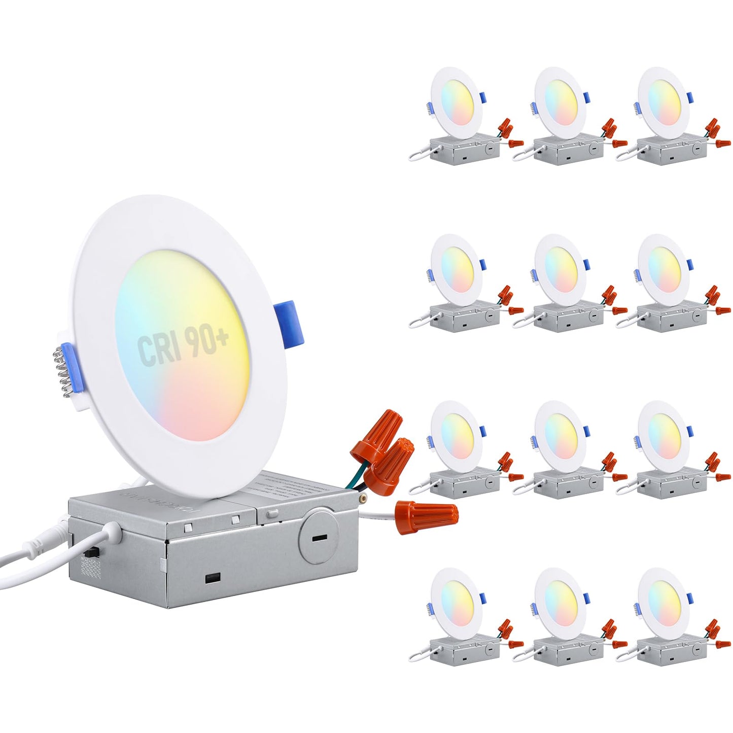 TORCHSTAR Basic Series 12-Pack 5CCT 4 Inch Ultra-Thin LED Recessed Lighting with J Box, CRI90, Aluminum, 2700K3000K3500K4000K5000K, 5%-100% Dimmable Slim Recessed Downlight, 9W 810LM, ETL & ES
