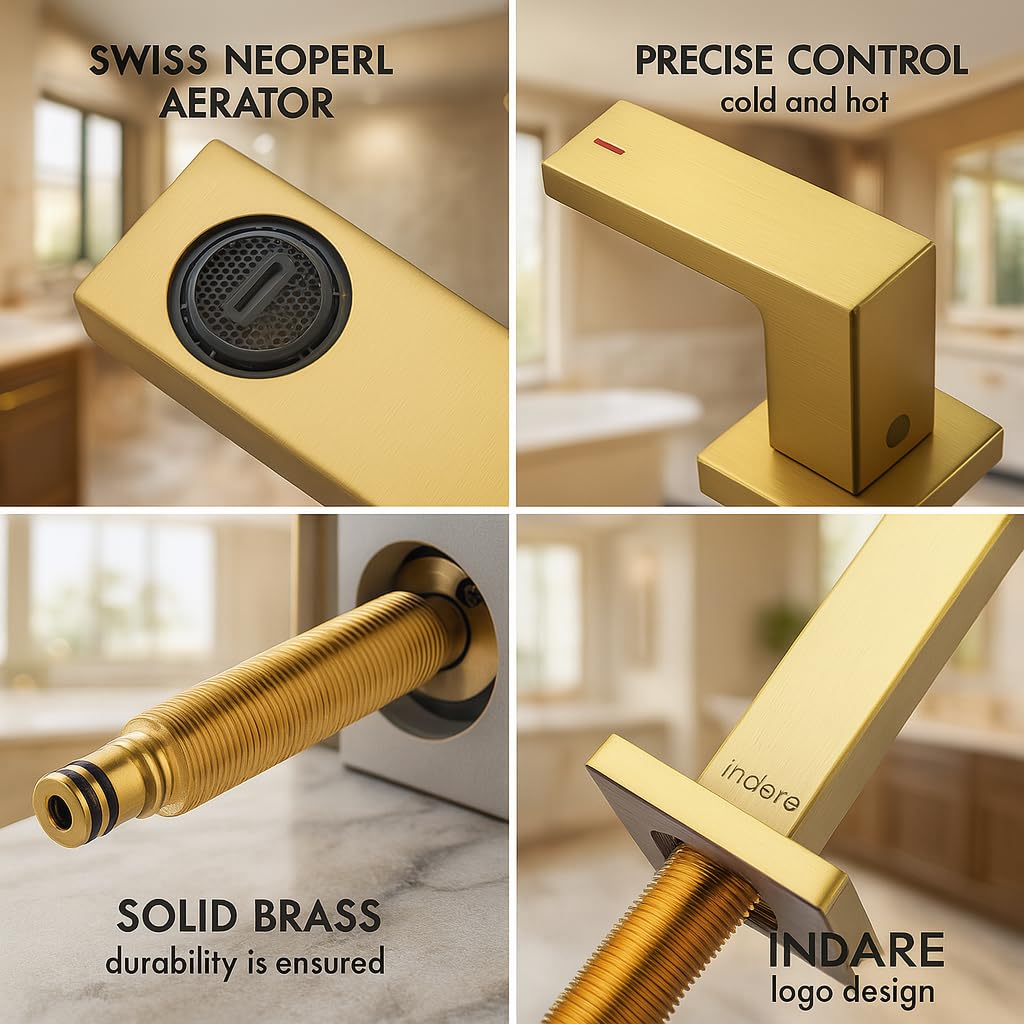 Indare Brushed Gold Bathroom Faucets， Vanity Faucets for Sink 3 Hole ，Two Handles Widespread 4 Inch 8 Inch Brass Bathroom Sink Faucet with Pop Up Drain and Cupc Lead-Free Hose