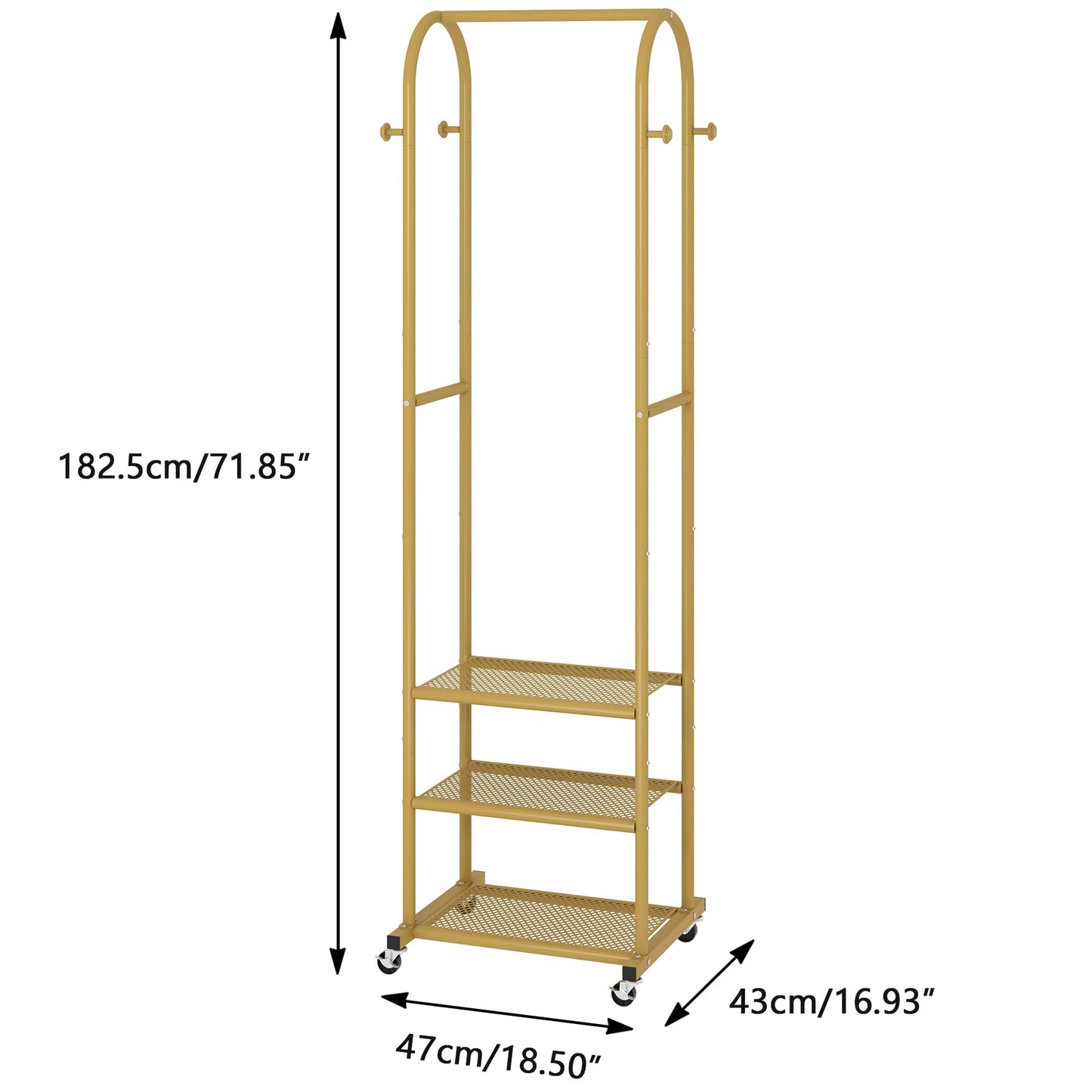 Kaitiemoo Heavy Duty Clothing Rack With Wheels,Modern Garment Rack With 3 Metal Shelves, 71.8Inches Display Rack For Hanging Clothes, Hanging Rod For Small Space,Gold
