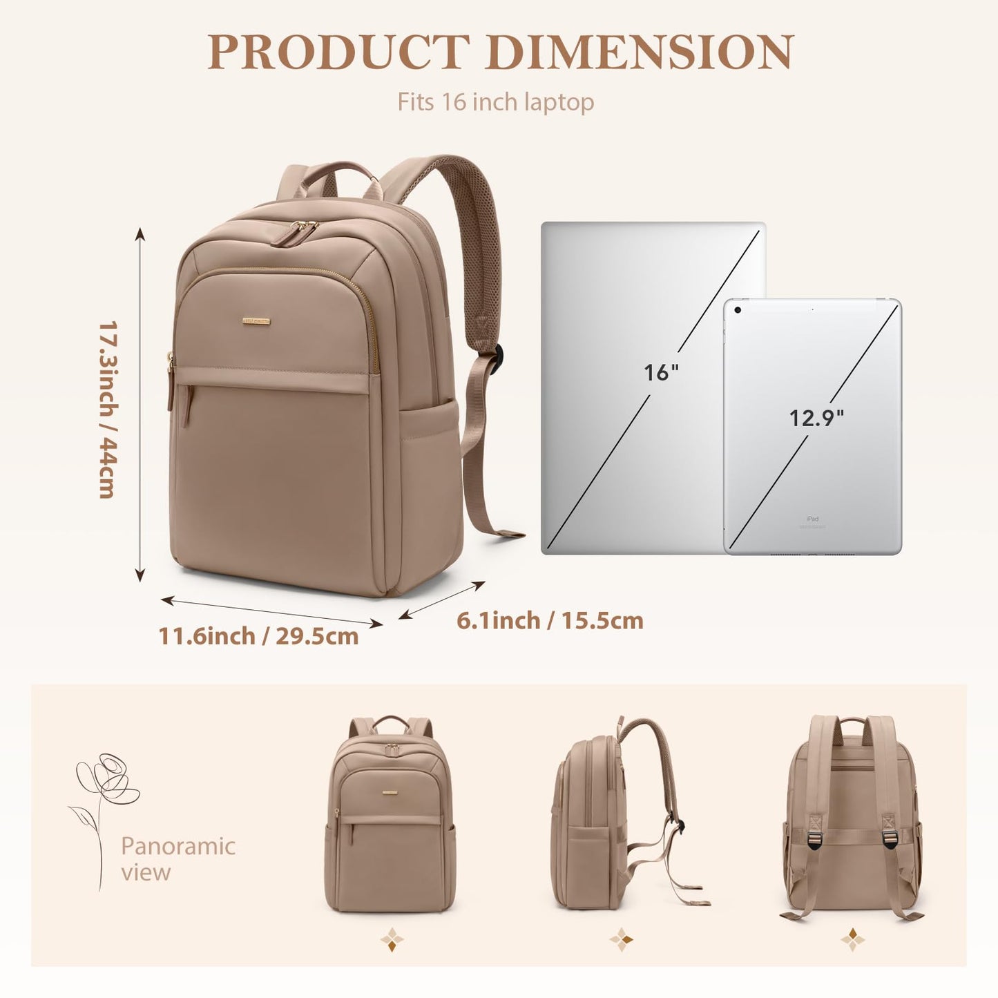 GOLF QUALITY Travel Backpack for Women Personal Carry On Bag Business Weekender Hiking Multilayer Laptop Bag,16 Inch,Champagne Brown