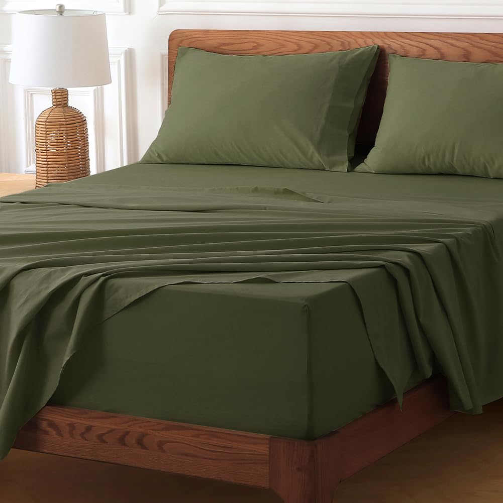 HYPREST Deep Pocket Queen Sheet Sets Fits 18"-24" in Deep Mattress -100% Cotton Queen Sheet Set,Green Hotel Crisp Soft Cooling Sheet Sets for Queen Bed