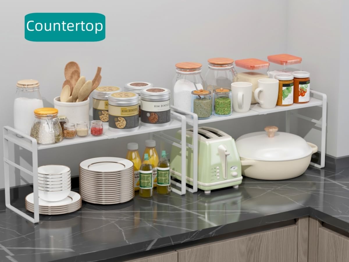 LJHFUQHUHU Expandable Cabinet Shelf Organizer Riser for Kitchen Pantry Cupboard Under Sink Countertop,Kitchen Cabinet Shelf 8.3’’D * 12.2-23.6’’W * 10.4’’H