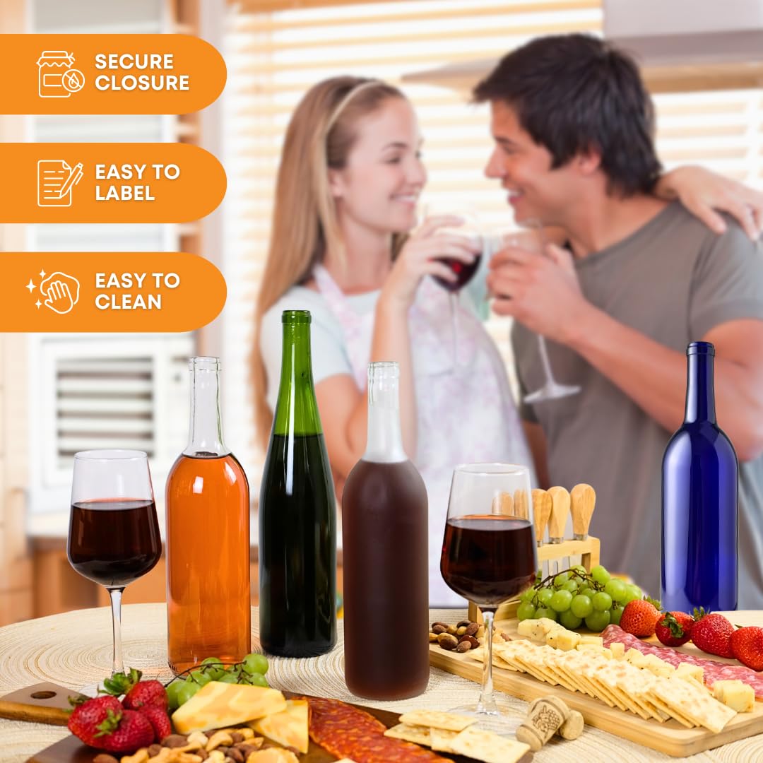 FastRack Clear Wine Bottles 750 ml (Pack of 12) w/No.8 Natural Corks & Matte Black Shrink Sleeves | W5 Bordeaux Empty Liquor Bottles | Flint Flat-Bottomed Cork Top Clear Glass Bottle for Wine Making
