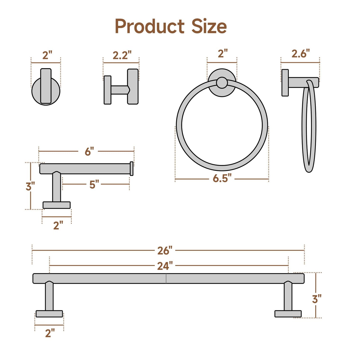 USHOWER Matte Black Bathroom Hardware Set, Modern 24-Inch Towel Bar Set Wall Mounted, Durable SUS304 Stainless Steel Bathroom Accessories Set, 4-Piece