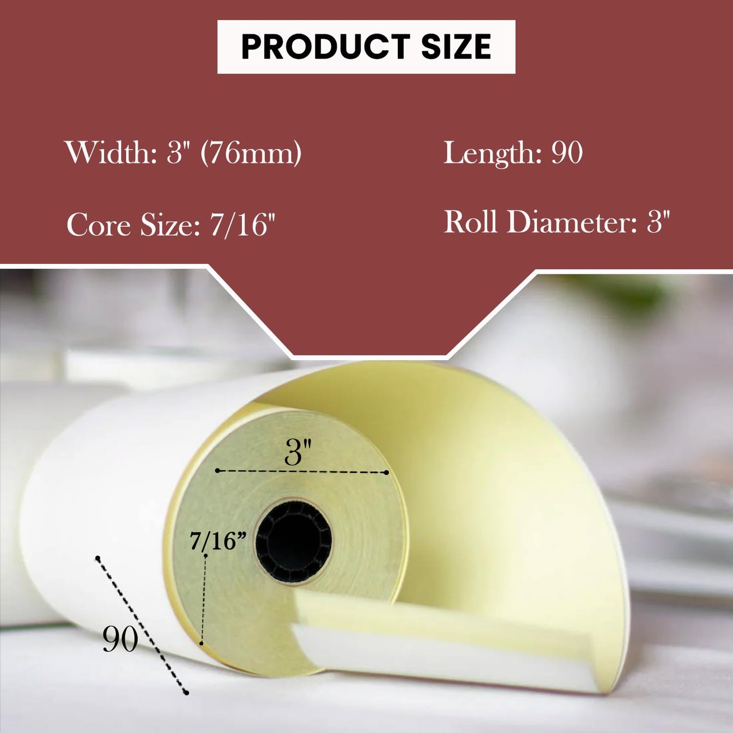 BAM POS Two Ply Carbonless Rolls - Easy to Install - Clear & Crisp Copies - White/Canary - 3” x 90 Feet (24 Rolls per Carton)