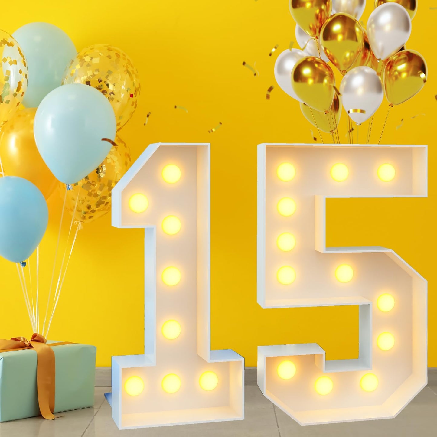 4ft Light Up Numbers 15 Large Numbers with Lights Bulbs White Marquee Frame for 15th Party Boys Girls Birthday Decorations Pre-Cut Mosaic Cardboard Giant Cut-Out Thick Foam Board Sign Anniversary