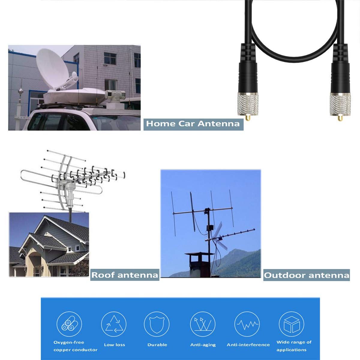 RFAdapter RG8x Coaxial Cable, CB Coax Cable, 50ft UHF PL259 Male to Male Low Loss CB Antenna Cables, 50 Ohm for HAM Radio, Antenna Analyzer