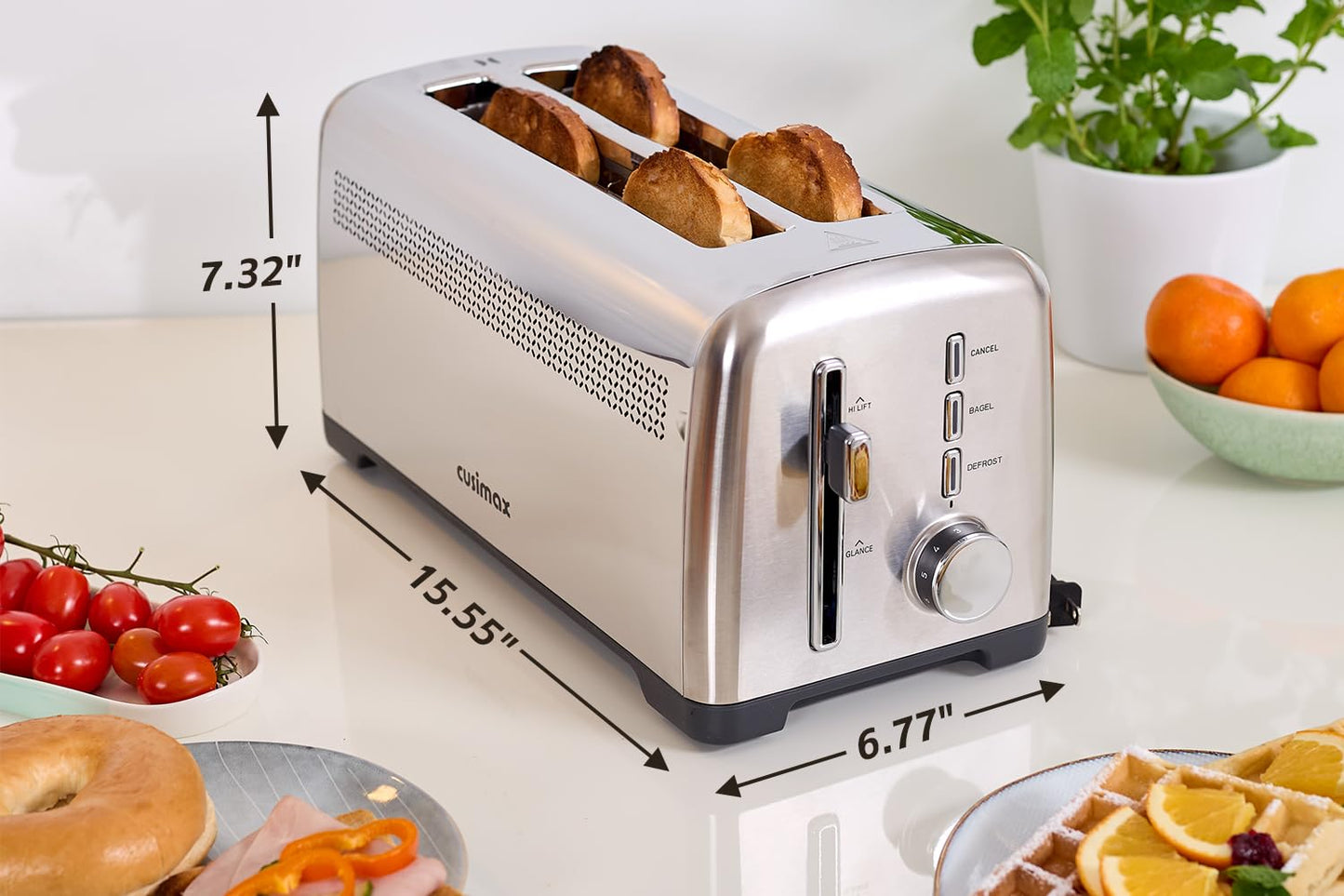 4 Slice Toaster, CUSIMAX Extra-Long Slots for Artisan Bread, Quick Glance Function, 9 Shade Settings, Bagel/Defrost/Cancel Functions, Removable Crumb Tray, Cool-Touch Stainless Steel Body