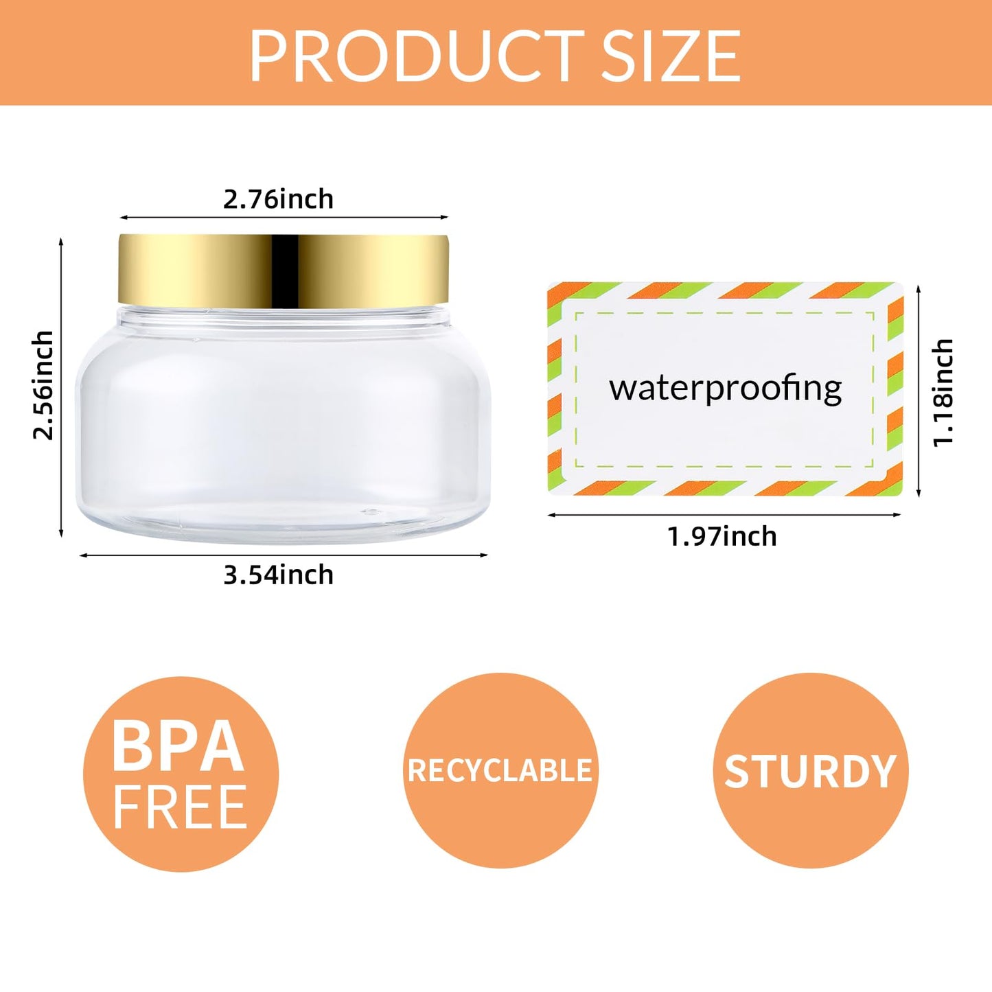 48 Pack 8 Oz Plastic Containers With Lids and Waterproof Label BPA Free - Refillable Transparent Cosmetic Containers for Body Butter,Sugar Scrubs,Cream,Lotions,Candy,Bath Salt (48, Gold)