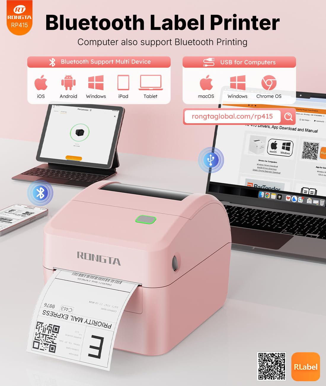 Rongta 4x6 Bluetooth Shipping Label Printer - Thermal Label Printer for Shipping Packages, Small Business, Home, Office, Compatible with Amazon, Tiktok, Etsy, USPS, Commercial Grade, Pink