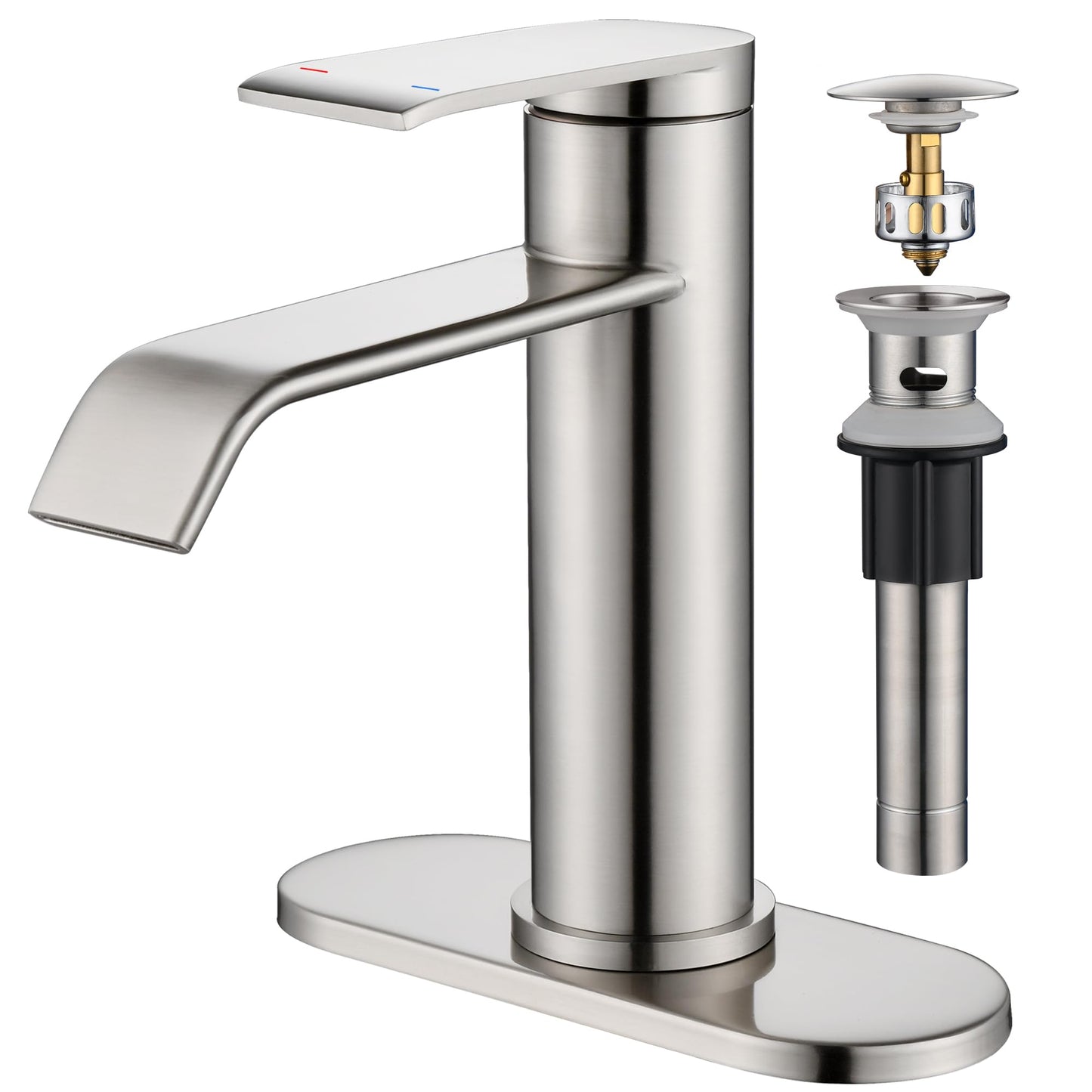 GAGALIFE Bathroom Faucet 1 Hole, Brushed Nickel Bathroom Sink Faucet with Metal Pop-up Drain Supply Lines and Deck, Modern Waterfall Bathroom Faucets Single Handle, JJL-MP-7001BN
