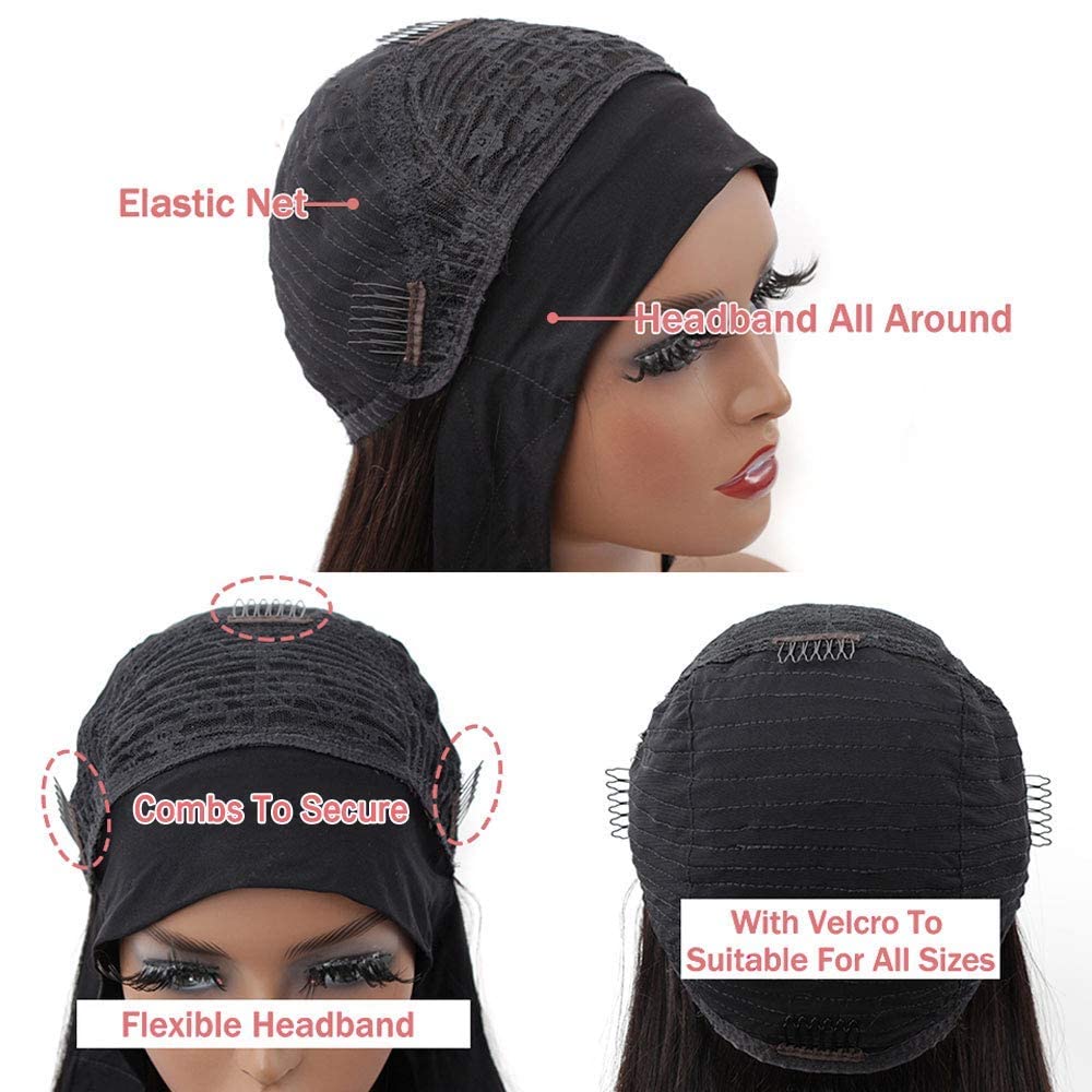 Headband Wig Human Hair Body Wave 16 Inch Glueless None Lace Front Wig Brazilian Virgin Hair Wear and Go Wigs for Black Women 150% Density Wigs Natural Black Color
